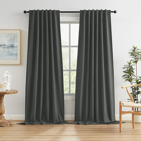 KEQIAOSUOCAI Full Blackout Linen Curtain Panels 126 Inches Long, Gray Hallway Door Textured Boho Tall Curtains & Drapes 2 Panels Burg for High Ceiling Living Room, 50" W x 126" L,Charcoal Grey