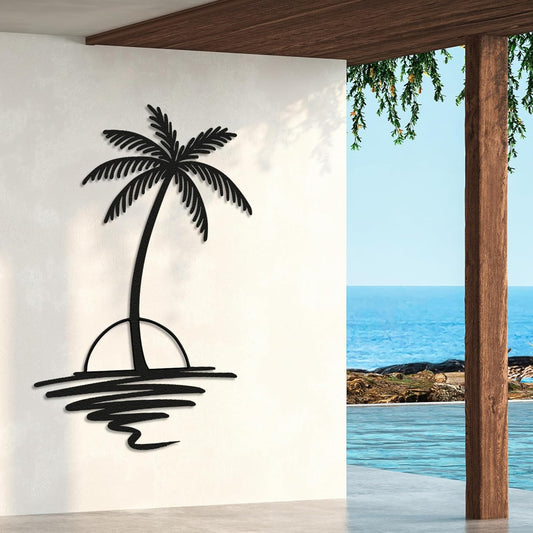 Metal Palm Tree with Sunset Wall Art, Large Outdoor Wall Decor, Tropical Beach Decor for Living Room, Bedroom, Garden Home Wall Sign, Perfect Metal Wall Art for Beach House (Black, 24 x 19 inches)