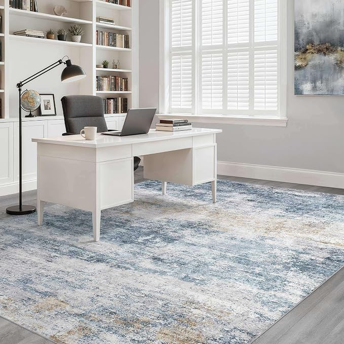 10x14 Area Rugs Living Room: Washable Large Neutral Rug Abstract Soft Modern Stain Resistant Indoor Floor Non-Slip Carpet for Bedroom Nursery Kids Office Playroom Dining Room Under Table- Blue Gold