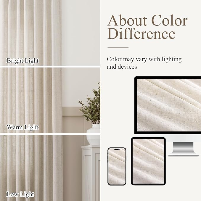 Back Tab Linen Beige Curtain Panels 84 Inches Long Light Filtering Semi Sheer Pleated Drapes for Living Room Faux Linen Blend Country Rustic Farmhouse Privacy Canvas Cloth Window Curtain Set of 2