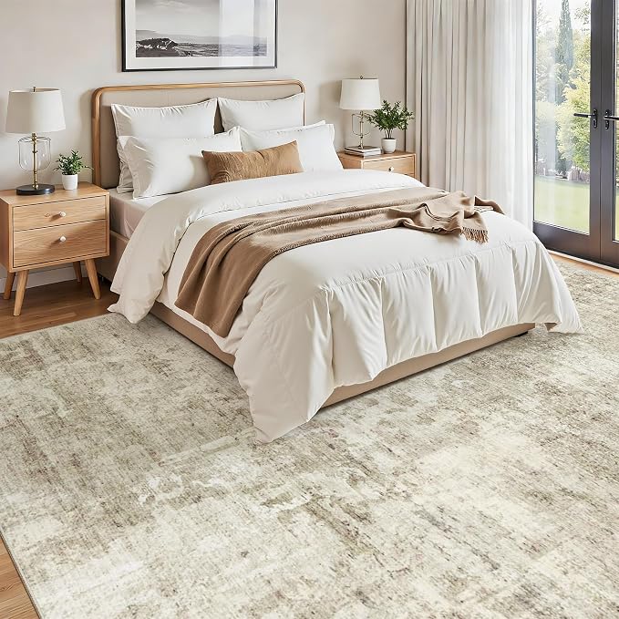 Soalmost Area Rug 10x12 Vintage Washable Living Room Large Carpet Non Slip Bedroom Indoor Office Dining Room Low Pile Thin Rug Beige Gray