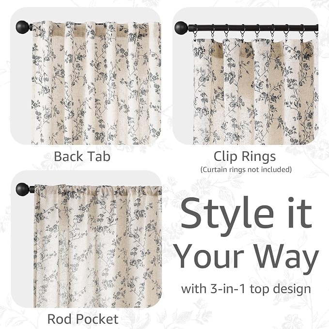 jinchan Black Floral Linen Curtains 63 Inch Rustic Drapes Back Tab 2 Panels | Black on beige, light filtering, semi sheer, farmhouse, country, privacy, flower, bedroom, living room, window treatment