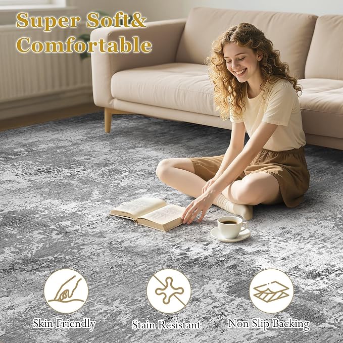 9x12 Area Rugs for Living Room - Washable Living Room Rug 9x12, Large Abstract Modern Neutral Soft Carpet with Non-Slip Backing, Stain Resistant for Bedroom Dining Indoor Decor (Light Grey)