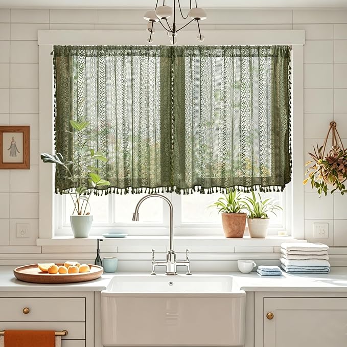 Sutuo Home Boho Closet Curtains for Kitchen Window Over Sink, French Country Lace Sheer Privacy Vintage Chic Tassels Cottage Bohemian Style Rustic Rod Pocket Decor, 50" x 36" Olive Green 2 Panels