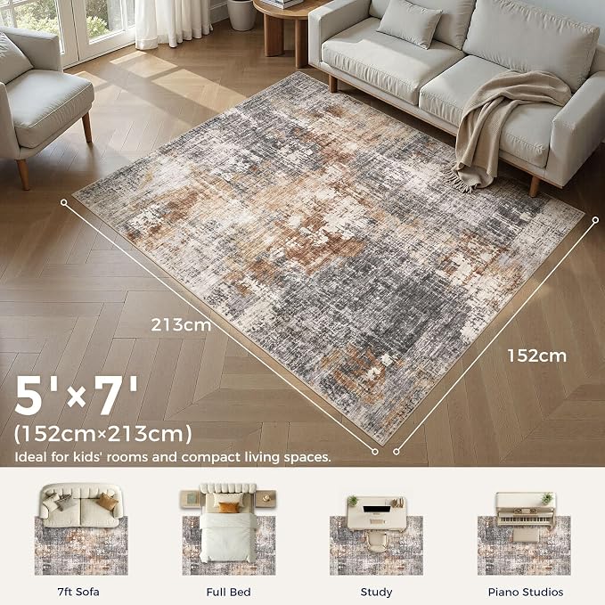 Area Rug Living Room Rugs - 5x7 Washable Large Soft Indoor Neutral Modern Abstract Low Pile Rug Carpet for Bedroom Dining Room Farmhouse Home Office - Grey Brown