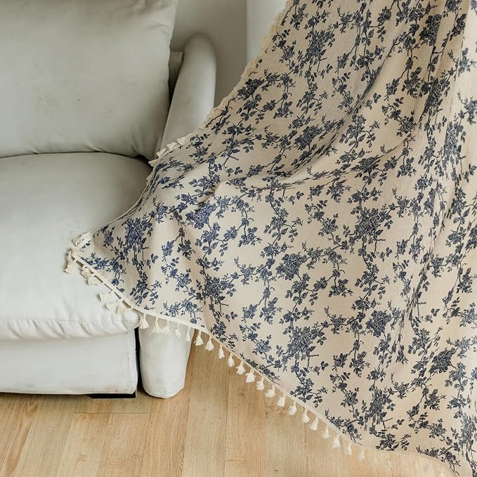OYX Boho Blue Floral Curtains 96 Inch, Linen Farmhouse Toile Rose Drapes with Tassels, Light Filtering Semi Sheer Curtains for Living Room Bedroom, 2 Panels, Rod Pocket, 52Wx96L