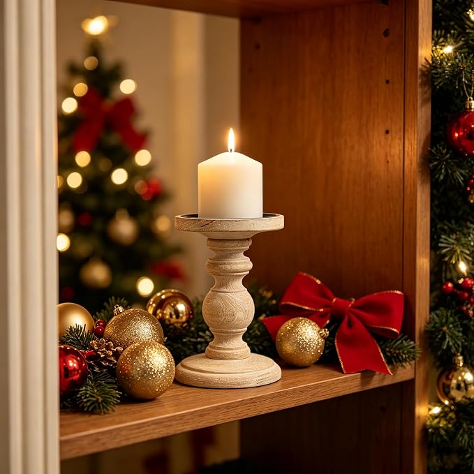 Hosley Antique White Wooden Pillar Candle Holder 7 Inch High - Rustic Country Farmhouse Decor, Wedding Centerpiece, Home Accent Gift