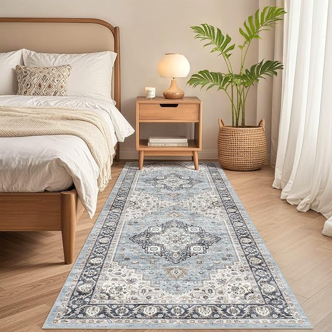Runner Rug Kitchen Washable Rugs: 3x10 Non-Slip Boho Vintage Distressed Stain Resistant Indoor Neutral Farmhouse Throw Carpet for Hallway Bathroom Laundry Room Entryway Bedroom- Blue Tan