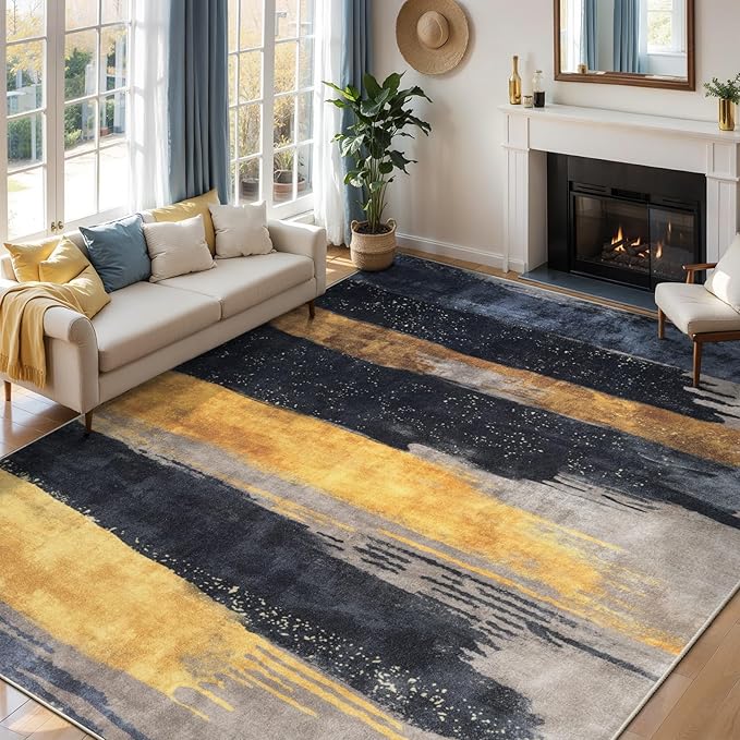 Ciicool Modern Abstract Rug for Living Room, 5'x7' Machine Washable Area Rug Non-Slip Rug, Low-Pile Contemporary Indoor Dining Floor Carpet for Bedroom Office Under Table Home Decor Black Gold
