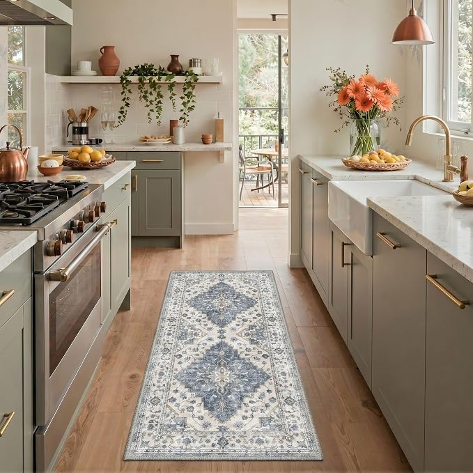 GENIMO 2x5 Runner Rugs for Hallway Kitchen and Laundry Room Non Slip Low Pile Machine Washable Lightweight Print Rug for Bedroom Bathroom Entryway, Floral Medallion, Dusty Blue