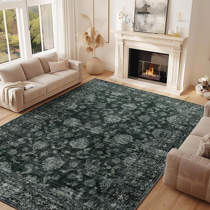 FROZZUR Boho Green Area Rug 6x9 Large Vintage Rug for Living Room Bedroom Dining Table, Non Slip Distressed Washable Rugs for Home Office Christmas Decor Green