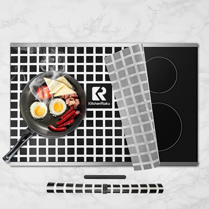 KitchenRaku Large Induction Cooktop Protector Mat, Translucent (Magnetic) Electric Stove Burner Covers Antiscratch as Glass Top Stove Cover or Electric Stove Top (20.4 x 30.7, Black_ White)