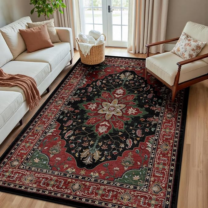 RELEANY Area Rugs 5'x8' Washable Non-Slip, Floral Vintage Distress Medallion Carpet for Living Room Bedroom Dining Room, Red Black