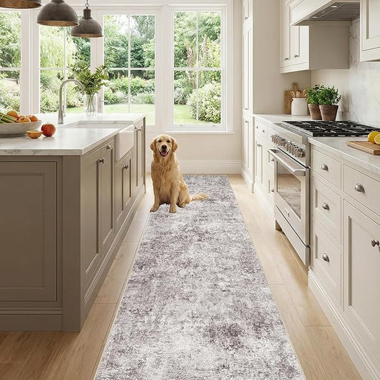 2x10 Runner Rug: Washable Low Pile Hallway Carpet With Non Slip Backing Pet Friendly Durable Long Floor Mat Ideal For High Traffic Areas Like Entryway Kitchen Bedroom or Laundry Room (Gray Cream,2x10)
