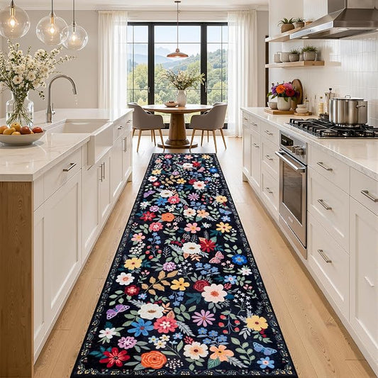 Runner Rug for Entryway: 2.6x14 Kitchen Rugs Non Slip Washable Ultra-Thin Soft Floral Carpet Indoor Floor Stain Resistant Carpets for Hallway Bedroom Kitchen Laundry Bathroom Dorm Black