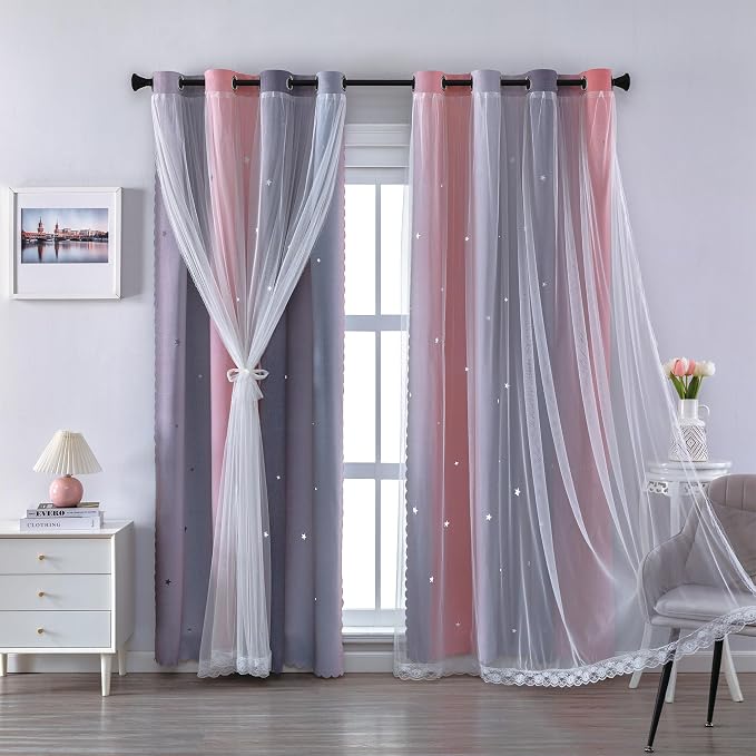 XiDi Grey and Pink Blackout Curtains for Girls Bedroom 45 Inch Length 2 Panels Rainbow Kids Grommet Window Drapes for Nursery Living Room Decro Princess Unicorn Wall Decals Pink Grey 34 Inches Wide