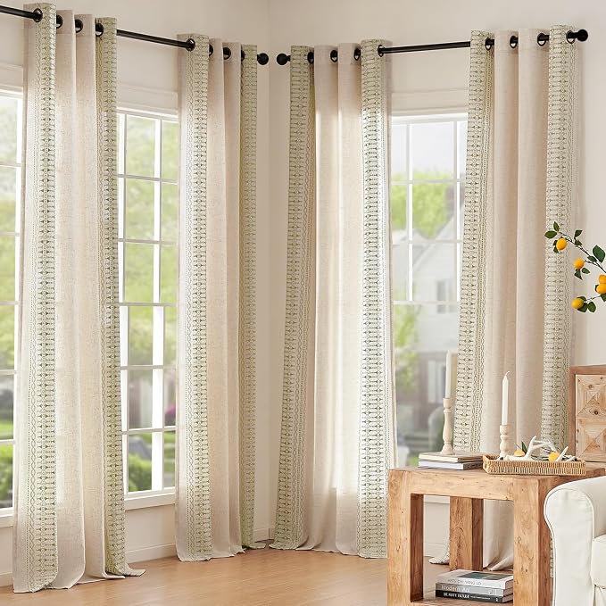 jinchan Boho Curtains for Bedroom Linen Blend Curtains Sage Green Embroidered Bordered Living Room Drapes 96 Inch Length Light Filtering Grommet Window Treatments 2 Panels Sage on Beige