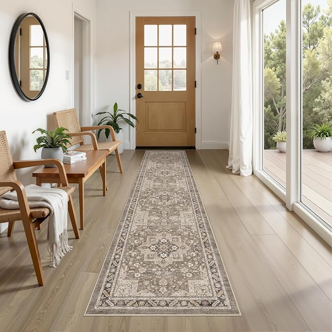 Vintage Hallway Runner Rug 2x8: Large Soft Washable Entryway for Kitchen Laundry Room Non-Slip Backing Runner for Entrance Living Room Bedroom Bathroom - Brown