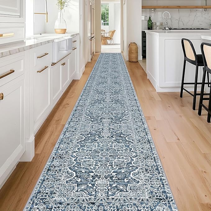 KUTA Extra Long Runners for Hallways 2.6x20ft Non-Slip Washable, Blue White Vintage Kitchen Rug, Stair Runners Indoor Ultra Soft Printed Floral Medallion Carpet for Bedroom Living Room Nursery