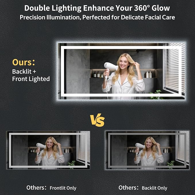 72"x32" LED Bathroom Mirror with Lights, Backlit + Front Lit with CRI>90, Lighted Mirror for Bathroom, Anti-Fog, Dimmable Brightness, 3 Colors, Memory Function, Shatterproof Tempered Glass