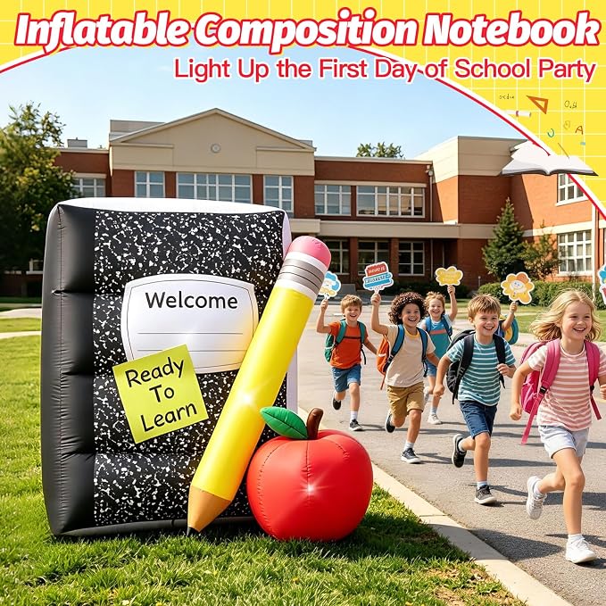 5FT Back to School Inflatable Outdoor Decorations Giant Blow Up Composition Notebook with Pencil,Built-in 3 LED Lights for First Day of School Welcome Party Classroom Garden Yard Decor Photo Props