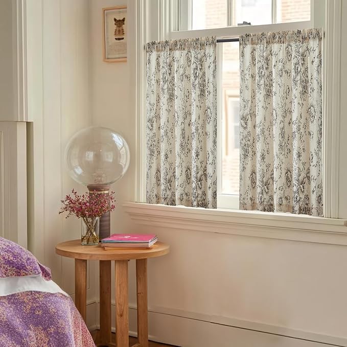 jinchan Floral Linen Tier Curtains 36 Inch Farmhouse Botanic Cafe Drapes for Small Windows Rustic Half Window Curtains for Kitchen Living Room Bathroom Laundry 2 Panels Black on Beige