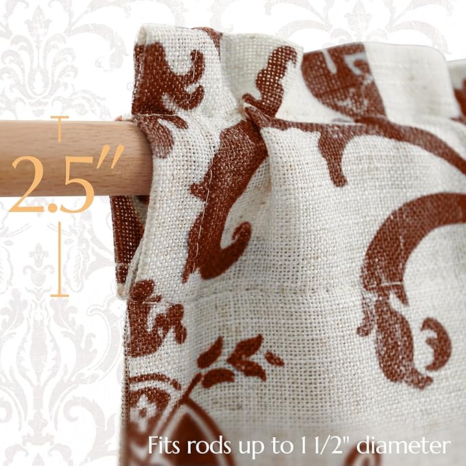 jinchan Linen Valance Curtain for Kitchen Vintage Damask Floral Blackout Valance Double Layer Small Window Curtain for Living Room Bedroom Bathroom 18 Inch Rod Pocket 1 Panel Terracotta on Beige