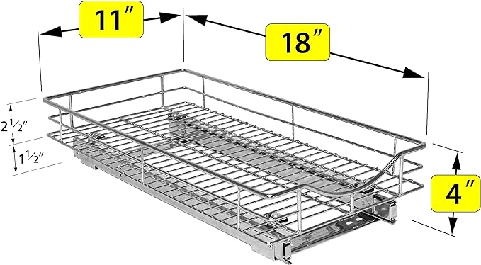 LYNK PROFESSIONAL® Pull Out Cabinet Organizer, 11" x 18" Slide Out Cabinet Organizer Pull Out Drawer – Pull Out Shelves for Kitchen Cabinets – Under Sink Organizers - Lifetime Ltd. Warranty, Chrome