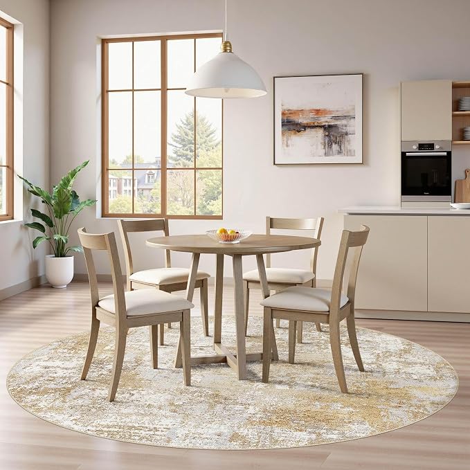 Tortania Washable 6' Round Area Rug for Living Room: Modern Abstract Neutral Large So' Thin Rugs - Non Slip Indoor Carpet for Bedroom Dining Room Office Nursery Home Floor Decoration - Brown Grey