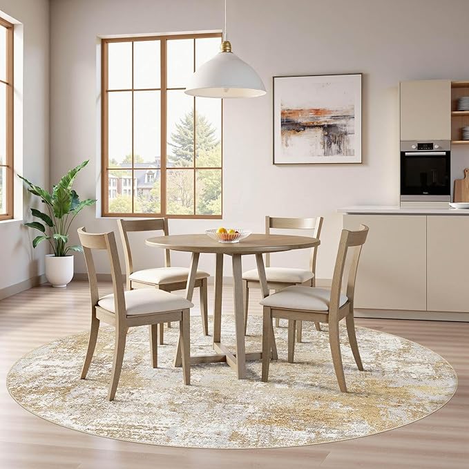 Tortania Washable 5' Round Area Rug for Living Room: Modern Abstract Neutral Large So' Thin Rugs - Non Slip Indoor Carpet for Bedroom Dining Room Office Nursery Home Floor Decoration - Brown Grey