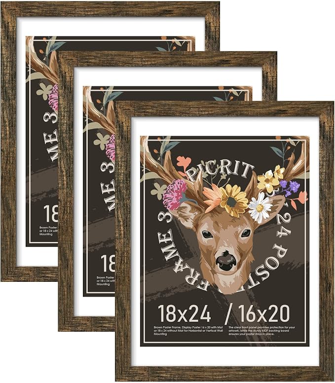 Picrit 18x24 Picture Frame 3 Pack, Wooden Brown Rustic Poster Frame, Display Poster 16 x 20 with Mat or 18 x 24 without Mat for Horizontal or Vertical Wall Mounting