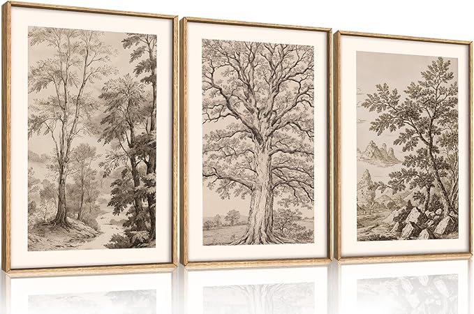 Large Vintage Tree Sketch Framed Canvas Wall Art,Brown and Beige Botanical Wall Decor,Natural Forest Artwork,Textured Landscape Art Print for Living Room,Bedroom,Office- 24"x36"x3