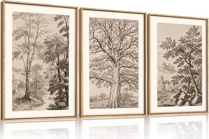 Large Vintage Tree Sketch Framed Canvas Wall Art,Brown and Beige Botanical Wall Decor,Natural Forest Artwork,Textured Landscape Art Print for Living Room,Bedroom,Office- 16"x24"x3