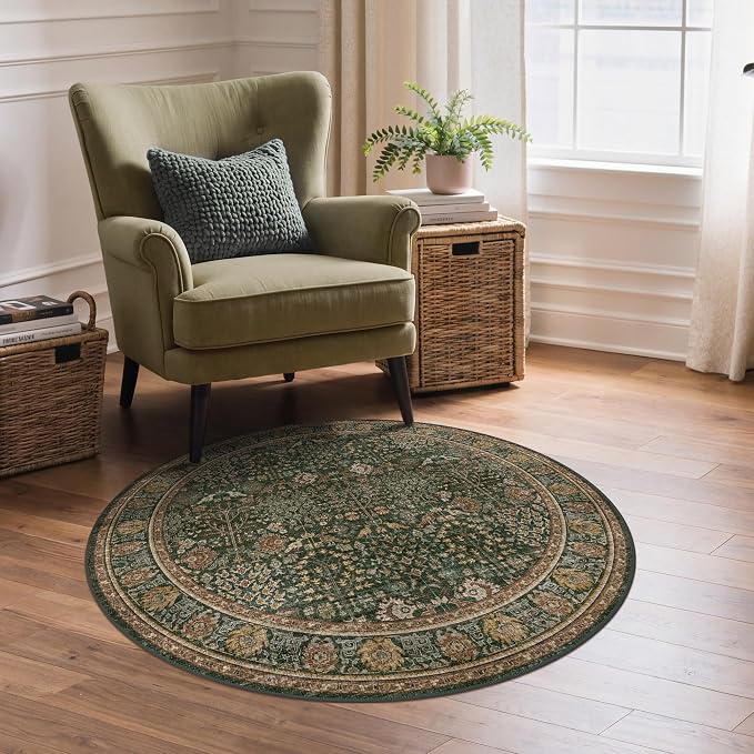 Bavni Round Rug 3ft-Machine Washable Area Rugs Non-Slip for Bedroom, 3x3 Vintage Floral Rug Distressed Throw Carpet for Living Room Nursery Kitchen Bathroom, Dark Green/Multi