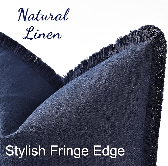 decorUhome Summer Decorative Neutral Linen Fringe Euro Sham Throw Pillow Covers Set of 2 Navy Blue Pillow Covers with Tassels Soft Farmhouse Boho Accent Pillow Cases for Couch Bed Sofa 24x24 Inch