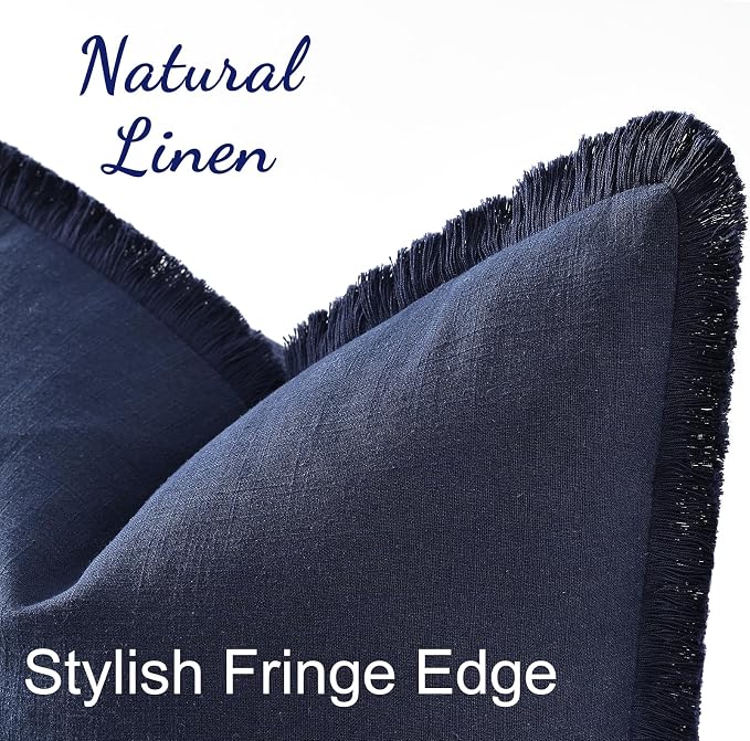 decorUhome Linen Fringe Lumbar Throw Pillow Covers Set of 2 Decorative Navy Blue Pillow Covers with Tassels Soft Accent Boho Farmhouse Pillow Cases for Couch Bed Sofa 12x20 Inch