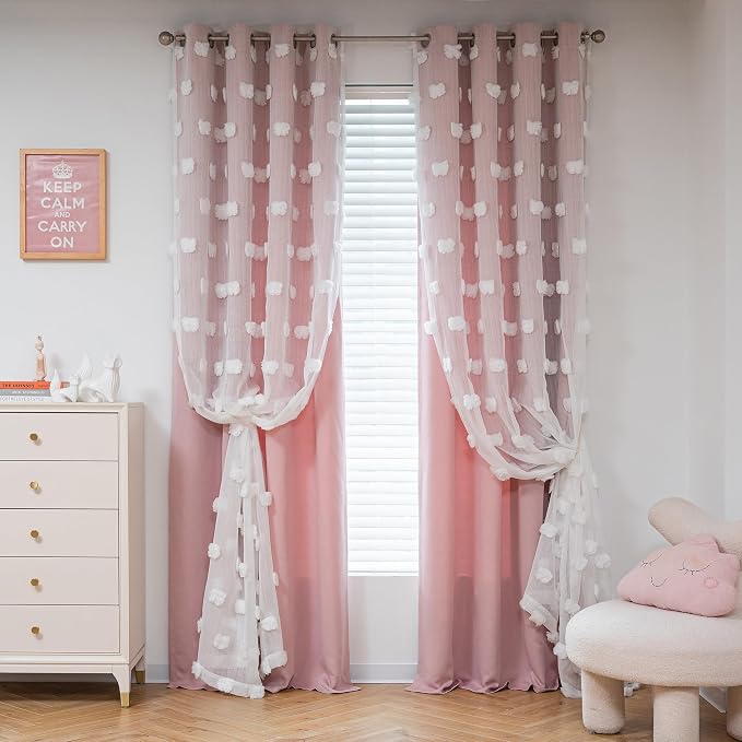 MYSKY HOME Light Blocking Pink Curtains for Living Room White Sheer Pom Pom Kids Room Decor Drapes 108 Inches Long Double Layer Curtain for Sliding Door Grommet Window Panels Set of 2 52" x 108"