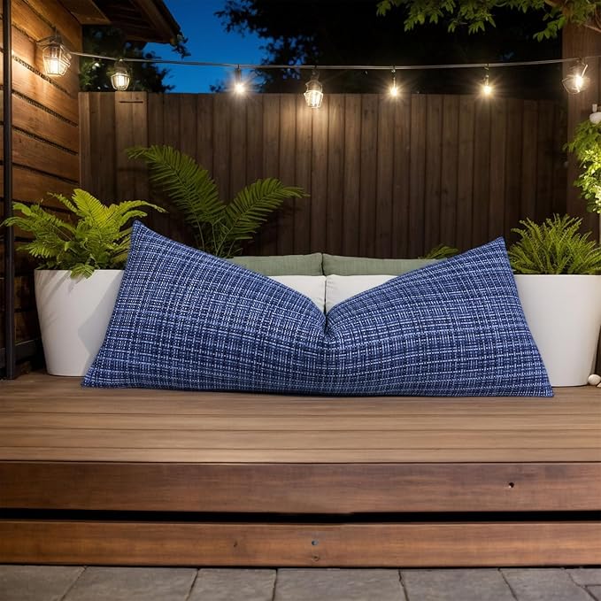 Kevin Textile Outdoor Waterproof Throw Pillow Covers 14x36 Inch Pack of 1 Woven Faux Linen Decorative Water Resistant Long Body Lumbar Cushion Covers for Tent Patio Garden Couch Sofa Navy Blue