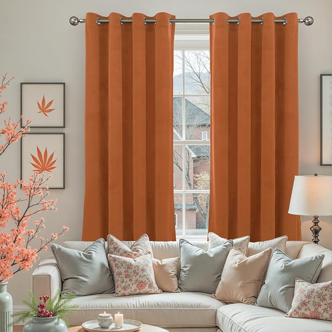YoungsTex Burnt Orange Velvet Blackout Curtains for Living Room, Pumpkin Thermal Insulated Window Drapes with Grommet Privacy for Bedroom, 2 Panels, 52 X 90 Inch