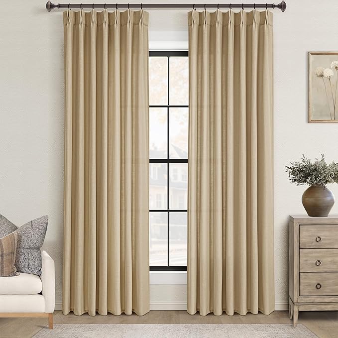 Tan Curtains 90 inches Long 2 Panel Set for Living Room Camel Beige Rustic Farmhouse Pinch Pleated Drapes Memory Trained Light Filtering Linen Curtain with Pinch Pleat Clips 90" Length Kahki