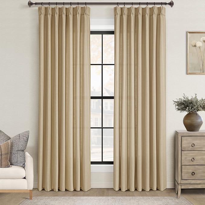 Tan Curtains 84 inches Long 2 Panel Set for Living Room Camel Beige Rustic Farmhouse Pinch Pleated Drapes Memory Trained Light Filtering Linen Curtain with Pinch Pleat Clips 84" Ceiling Length Kahki