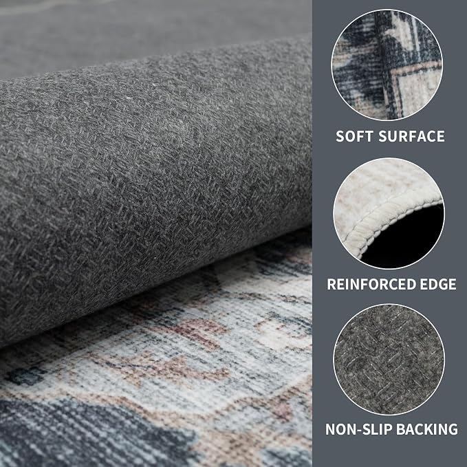9x12 Vintage Washable Area Rug for Living Room,Low Pile Non Slip Carpet Non-Shedding Large Area Rug Soft Indoor Stain Resistant Rug Floral Print Mat for Bedroom Dining Room Blue Beige
