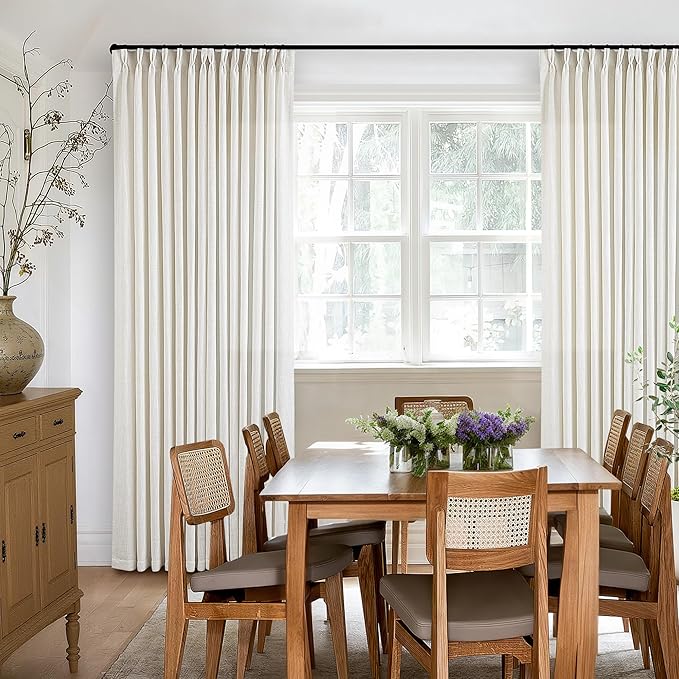 Natural Linen Pinch Pleated Curtains 120 Inches Long for Living Room Pleated Drapes Hooks Back Tab Thick Linen Textured Boho Farmhouse Cream Ivory Birch Extra Long 120 Inch Curtain for Dining Bedroom