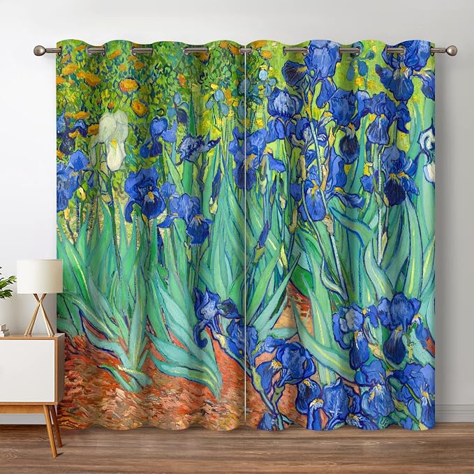 Jekeno Irises Blackout Curtains Blue and Purple Iris Flowers Floral Art Decor Home Bedroom Living Room Abstract Art Decoration Darkening Grommet Window Drapes 2 Panel Set, 42"x63"