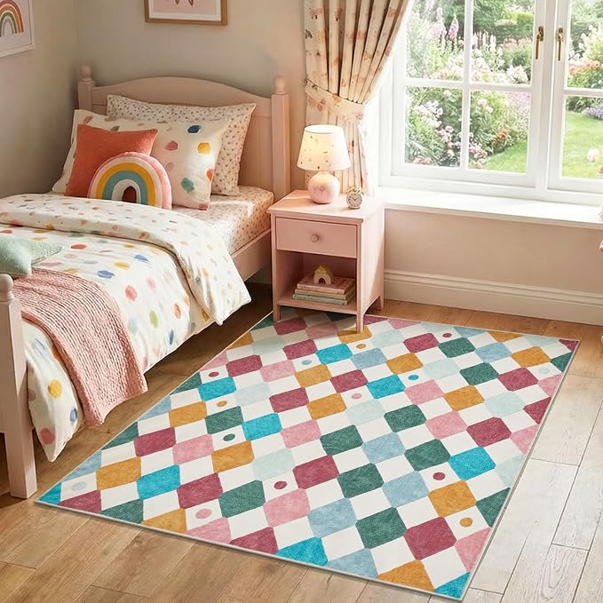 jinchan Macy Area Rug for Kids Room 6'x6' Square Rug Modern Colorful Nursery Rug Checkered Diamond Play Mat Washable Soft Non Slip Carpet for Playroom Bedroom Dorm Daycare Confetti on Cream