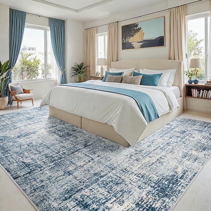 9x12 Area Rugs for Living Room Washable Rug: Anti-Skid Abstract Modern Living Room Rug Soft Thin Carpets Indoor Floor Non-Shedding Carpet for Bedroom Dining Farmhouse Nursery Home Office Blue Gold