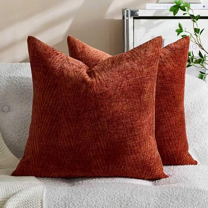 Summer Pillow Covers 18x18 Inch Set of 2, Soft Decorative Throw Pillow Covers with Leaves Texture, Hidden Zipper for Home Sofa Bed Couch (Rust, 18" x 18" (Pack of 2))