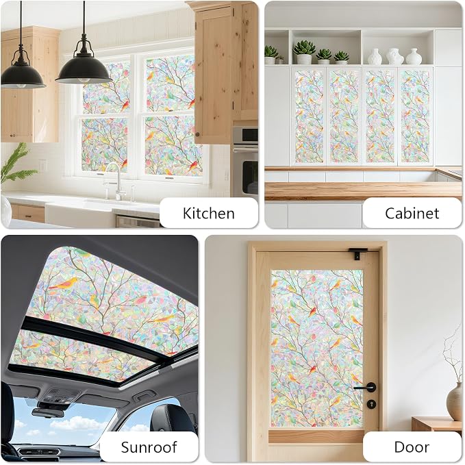 Kromapolis Window Privacy Film, Stained Glass Sticker Window Clings, Decorative Static Clings UV Blocking Colorful Decals, Removable Vinyl Covering Rainbow Bird，23.6'' x 157.4''