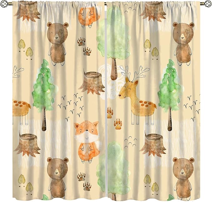 Rustic Animal Curtains, Wild Forest Animal Bear Fox Deer Kids Window Treatments for Living Room Bedroom, Farmhouse Woodland Blackout Drapes 2 Panel Sets, 84x84 Inch