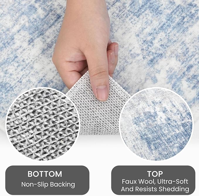 IOHOUZE Abstract Runner Rug 2x10 Ft Washable Runners for Hallways, Non Slip Kitchen Runner Printed Faux Wool Entryway Runner Indoor, Modern Abstract Floor Carpet for Hall Kitchen, Light Blue Grey